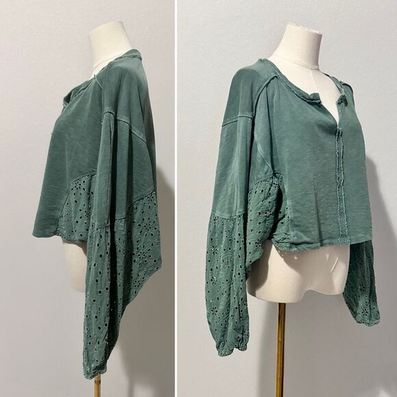 Pilcro Anthropologie Batwing Eyelet Sweatshirt Top Eyelet Embroidered L Boho - Picture 4 of 12